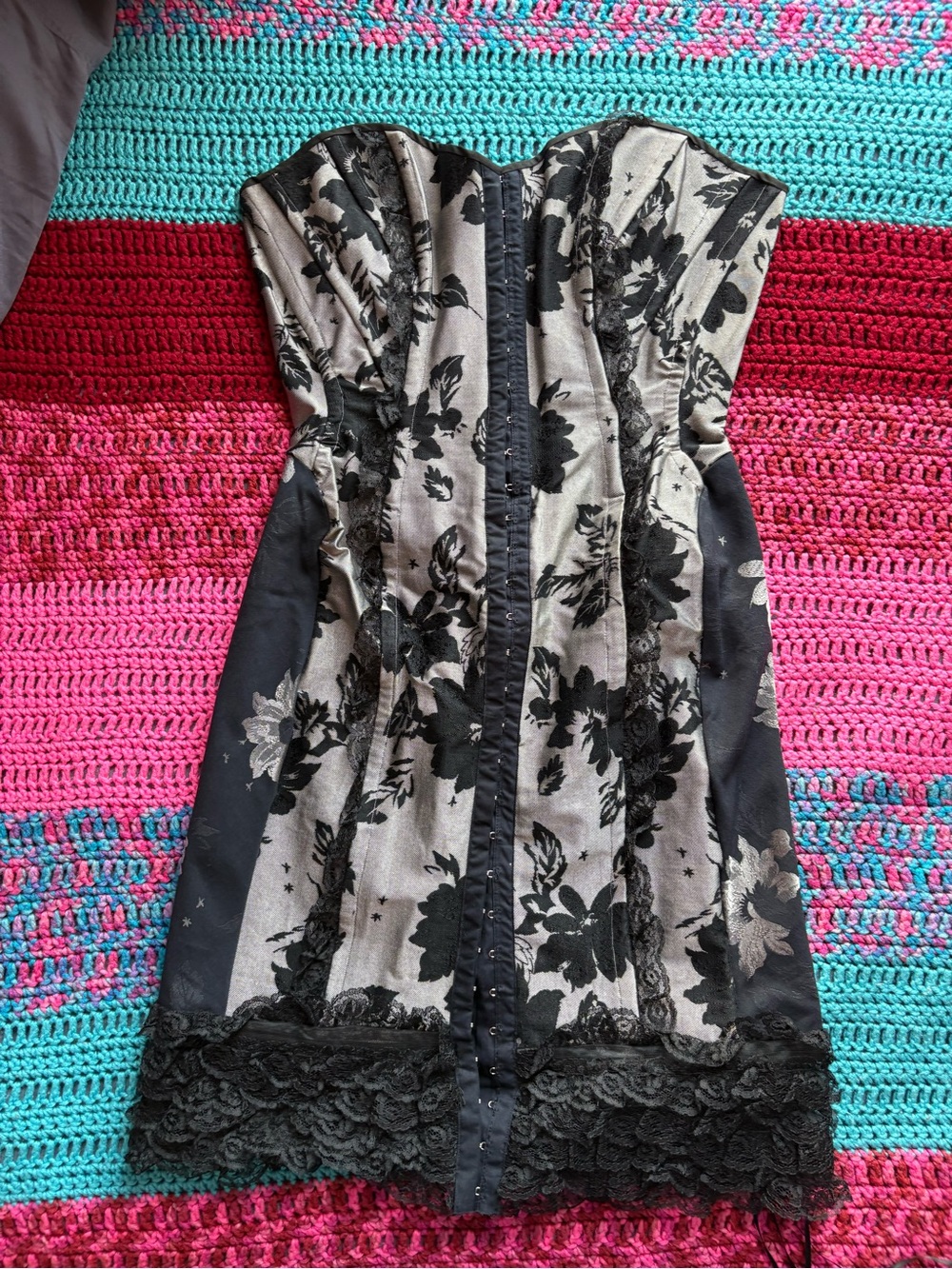 Strapless Floral Lace-Trim Bustier Dress in Black and Silver